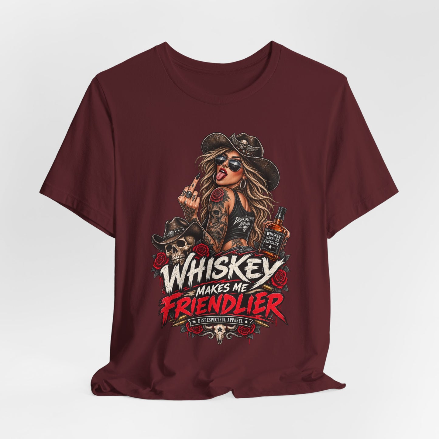 Whiskey Makes Me Friendlier Graphic Tee — Vintage Cowgirl Whiskey Shirt