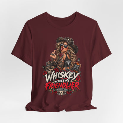 Whiskey Makes Me Friendlier Graphic Tee — Vintage Cowgirl Whiskey Shirt
