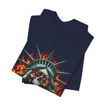 Skull Liberty Tee — Flaming Statue of Liberty Middle Finger Graphic Tee