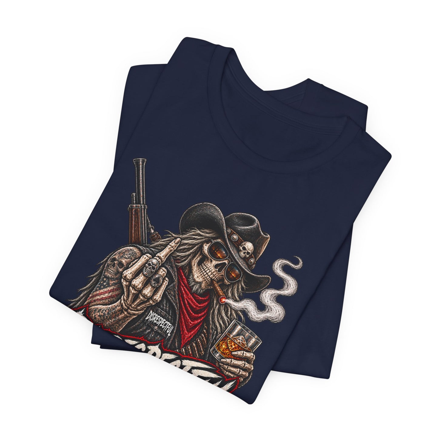 Disrespectful Apparel Cowboy Skeleton Tee – Western Biker Skull Graphic T-Shirt