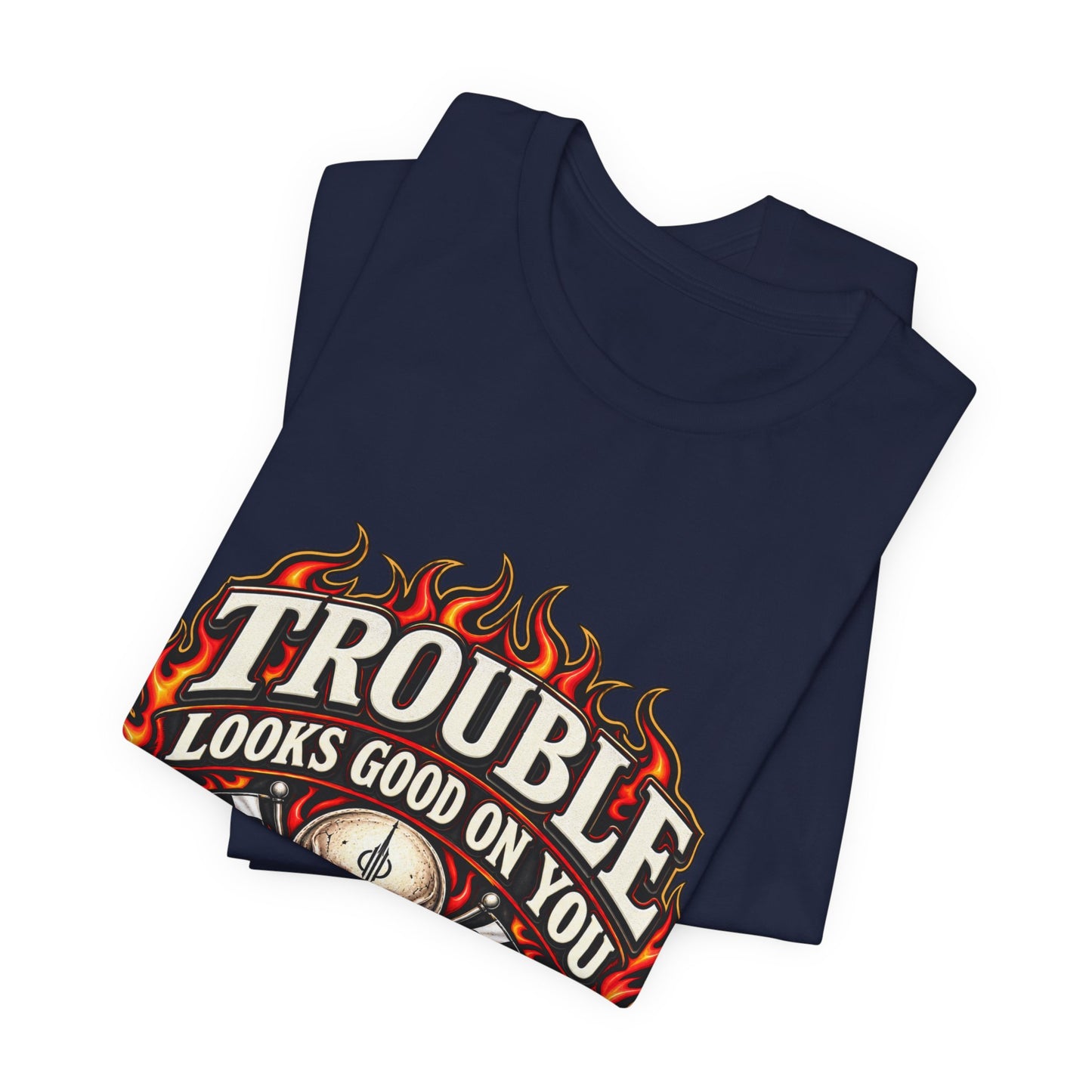 Trouble Looks Good On You Tee — Skull, Flames & Racing Flag Graphic Tee