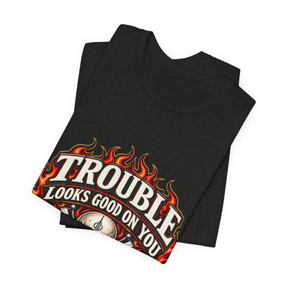 Trouble Looks Good On You Tee — Skull, Flames & Racing Flag Graphic Tee