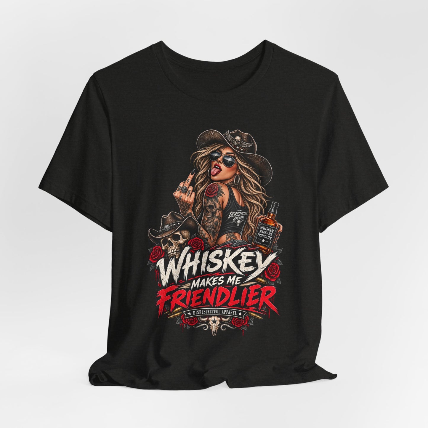 Whiskey Makes Me Friendlier Graphic Tee — Vintage Cowgirl Whiskey Shirt