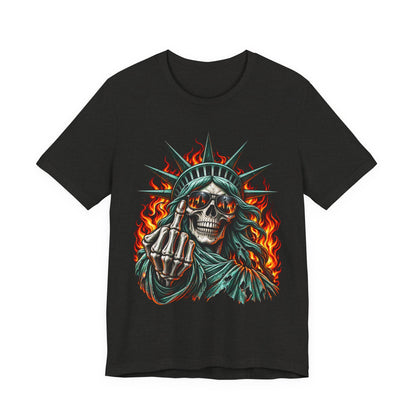 Skull Liberty Tee — Flaming Statue of Liberty Middle Finger Graphic Tee
