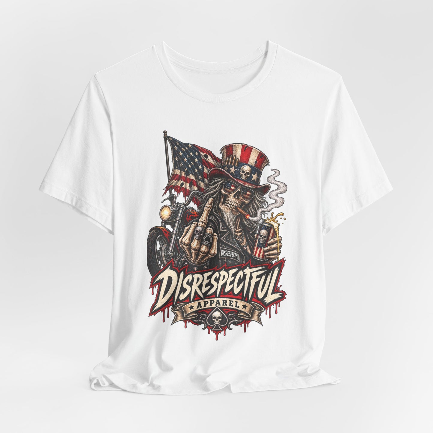 Patriotic Rebel Tee — 'Disrespectful Apparel' Skull & Flag Graphic T-Shirt