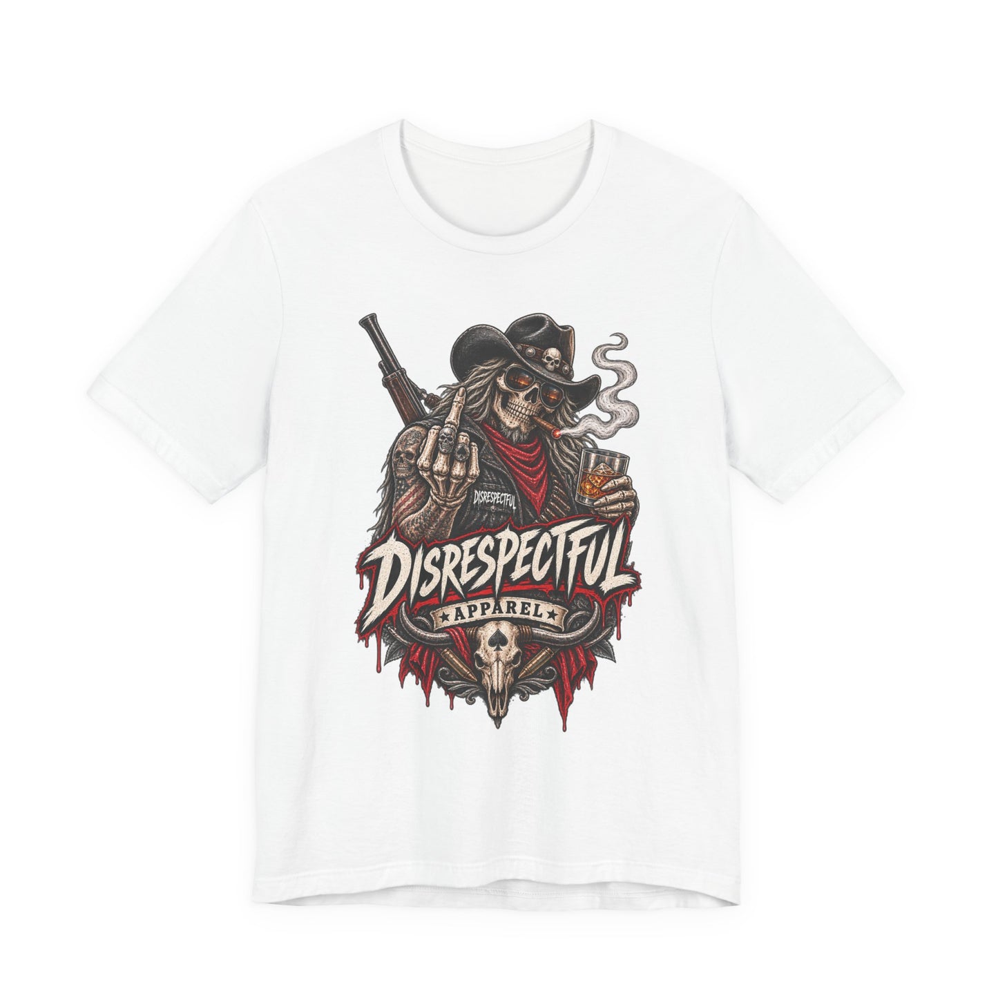 Disrespectful Apparel Cowboy Skeleton Tee – Western Biker Skull Graphic T-Shirt