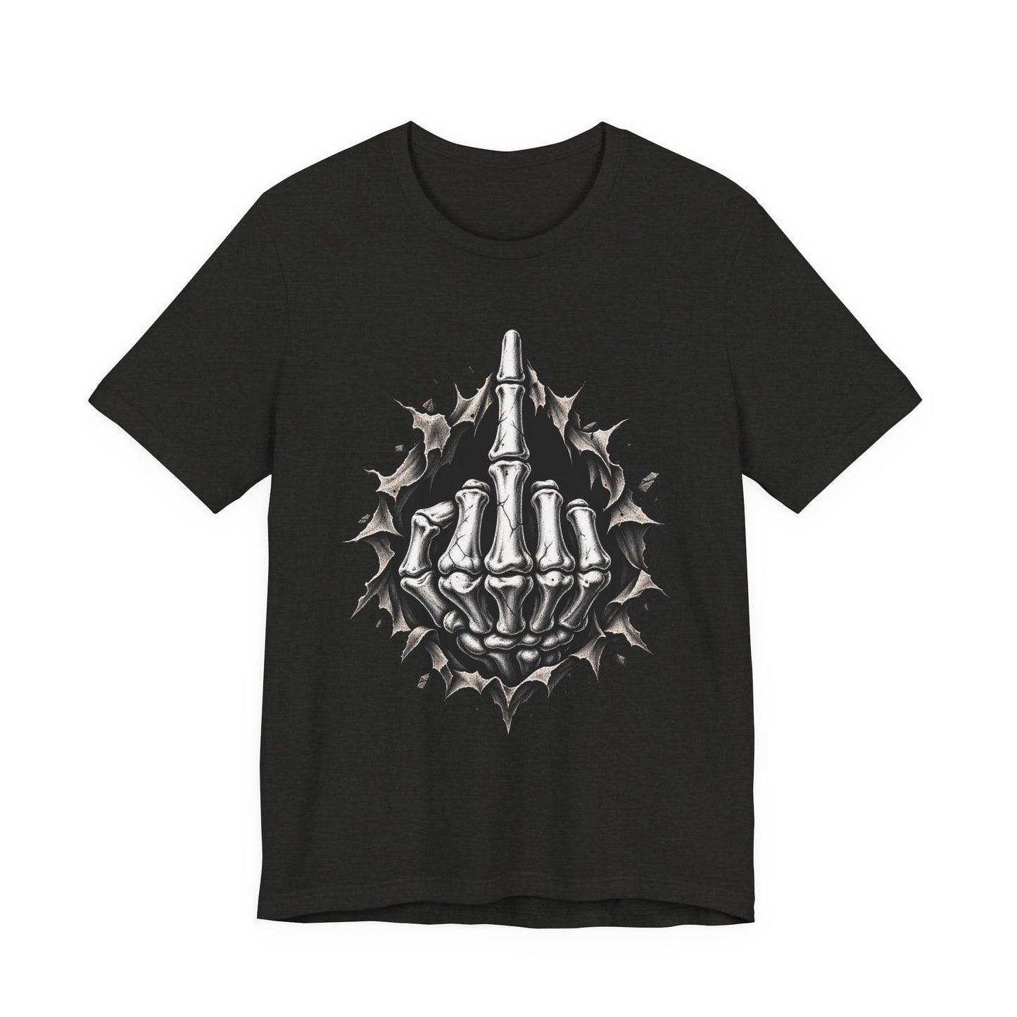 Skull Middle Finger Tee — Gothic Skeleton Hand with Roses Graphic Tee
