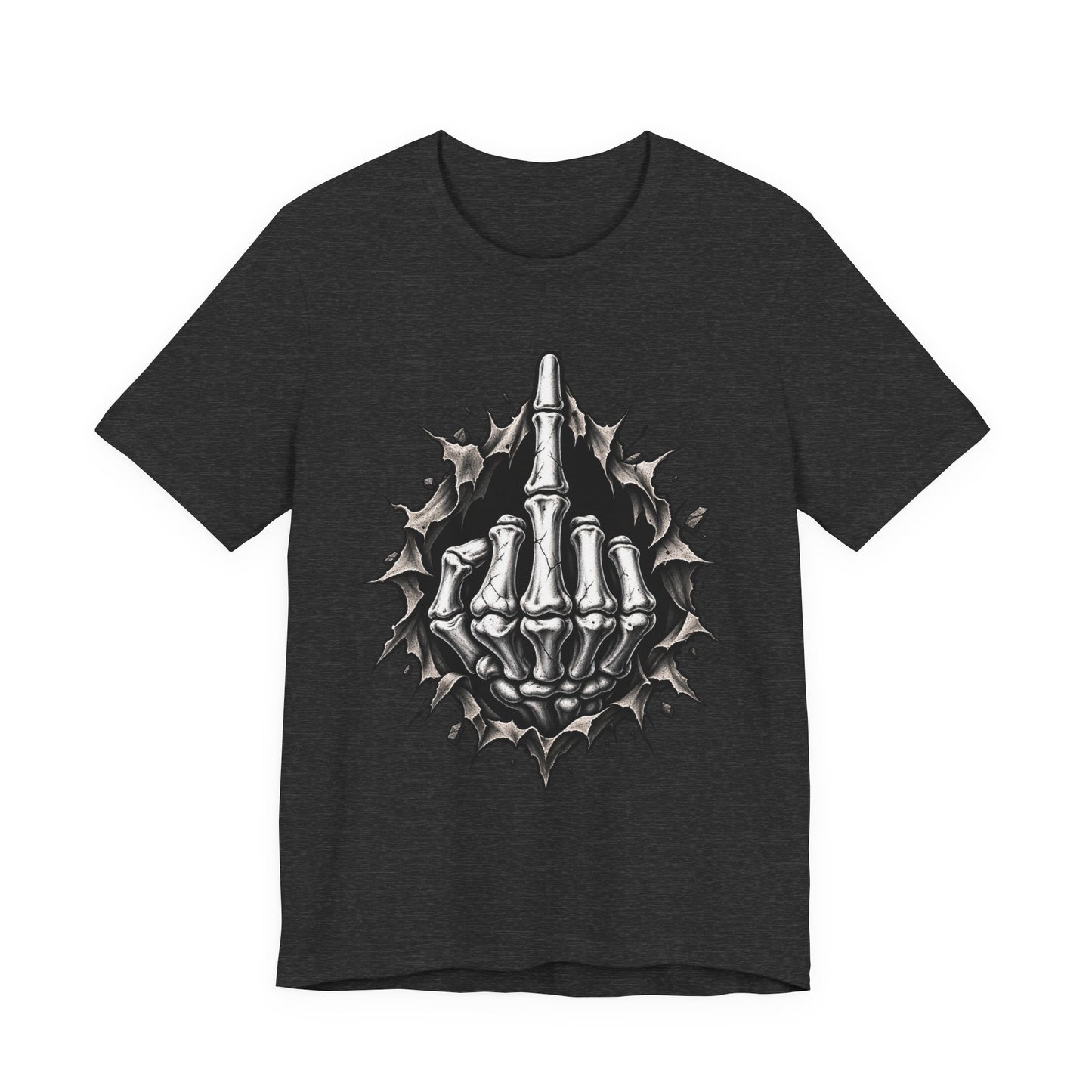 Skull Middle Finger Tee — Gothic Skeleton Hand with Roses Graphic Tee