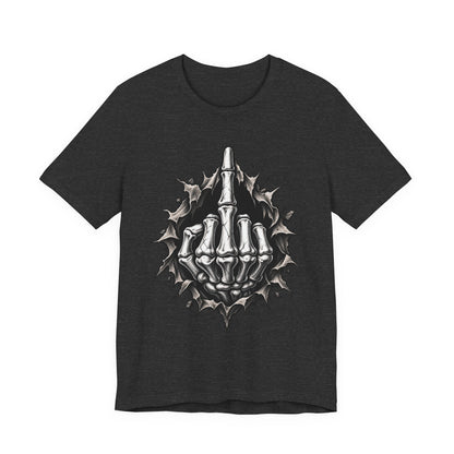 Skull Middle Finger Tee — Gothic Skeleton Hand with Roses Graphic Tee
