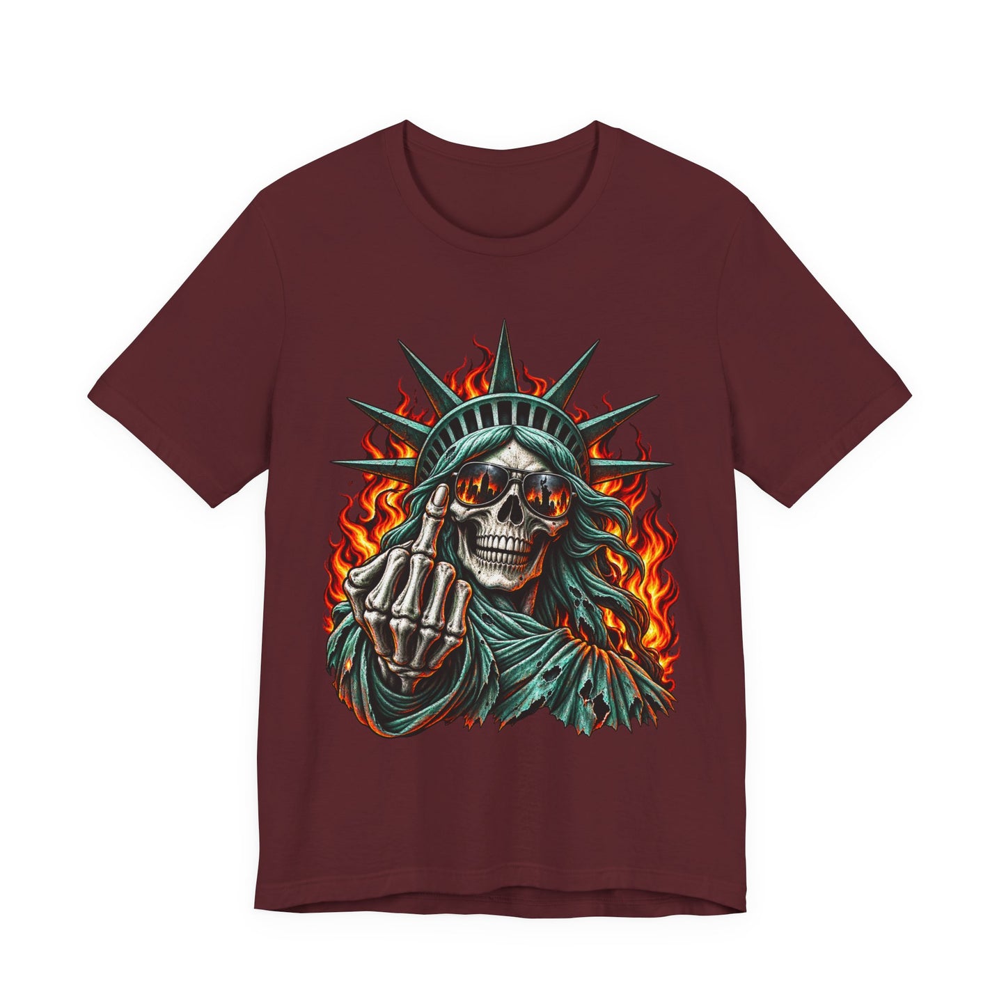 Skull Liberty Tee — Flaming Statue of Liberty Middle Finger Graphic Tee