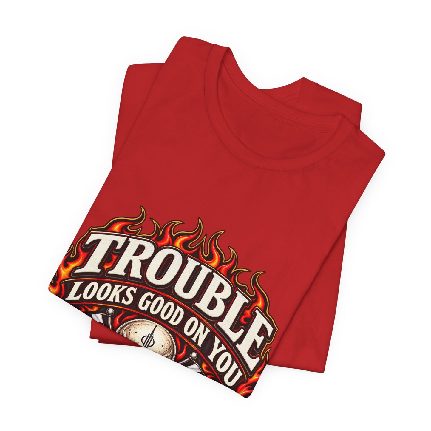 Trouble Looks Good On You Tee — Skull, Flames & Racing Flag Graphic Tee