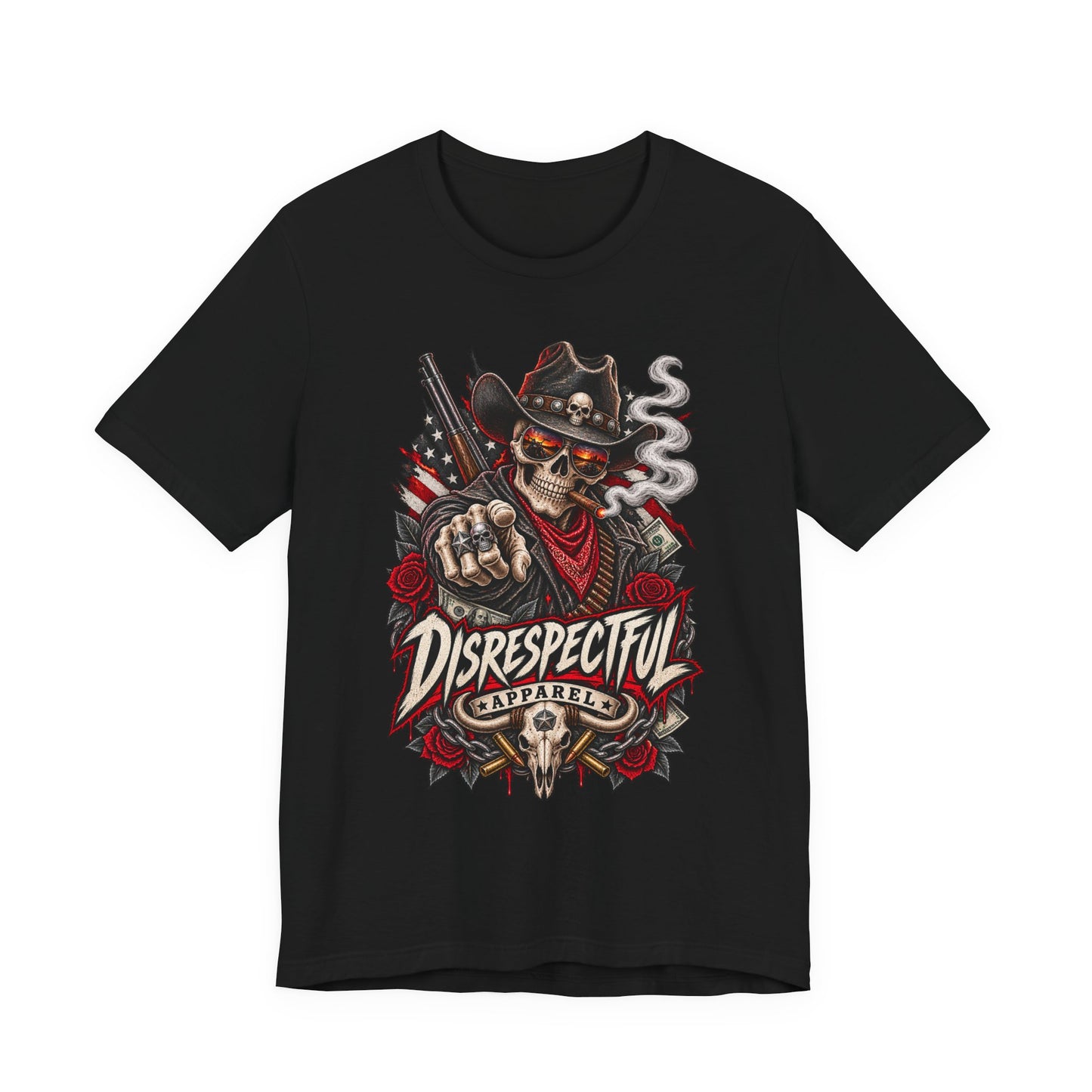 Disrespectful Apparel Skull Cowboy Tee — Edgy Biker / Western Graphic T-Shirt