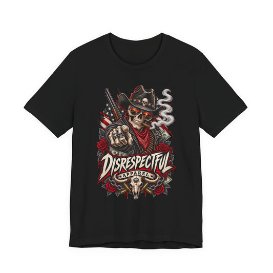 Disrespectful Apparel Skull Cowboy Tee — Edgy Biker / Western Graphic T-Shirt
