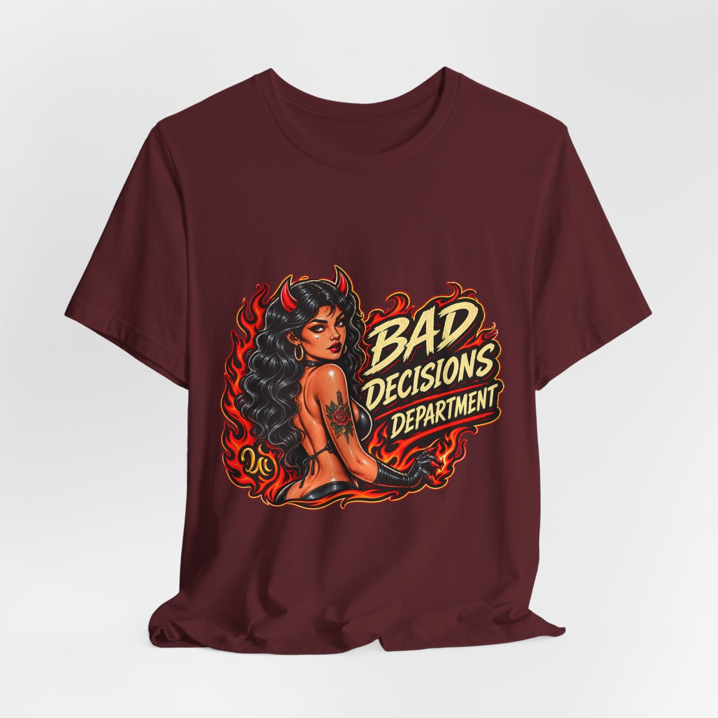 Bad Decisions Department Tee — Retro Devil Pinup Graphic Tee