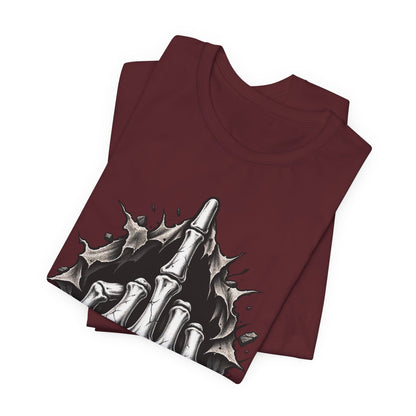 Skull Middle Finger Tee — Gothic Skeleton Hand with Roses Graphic Tee