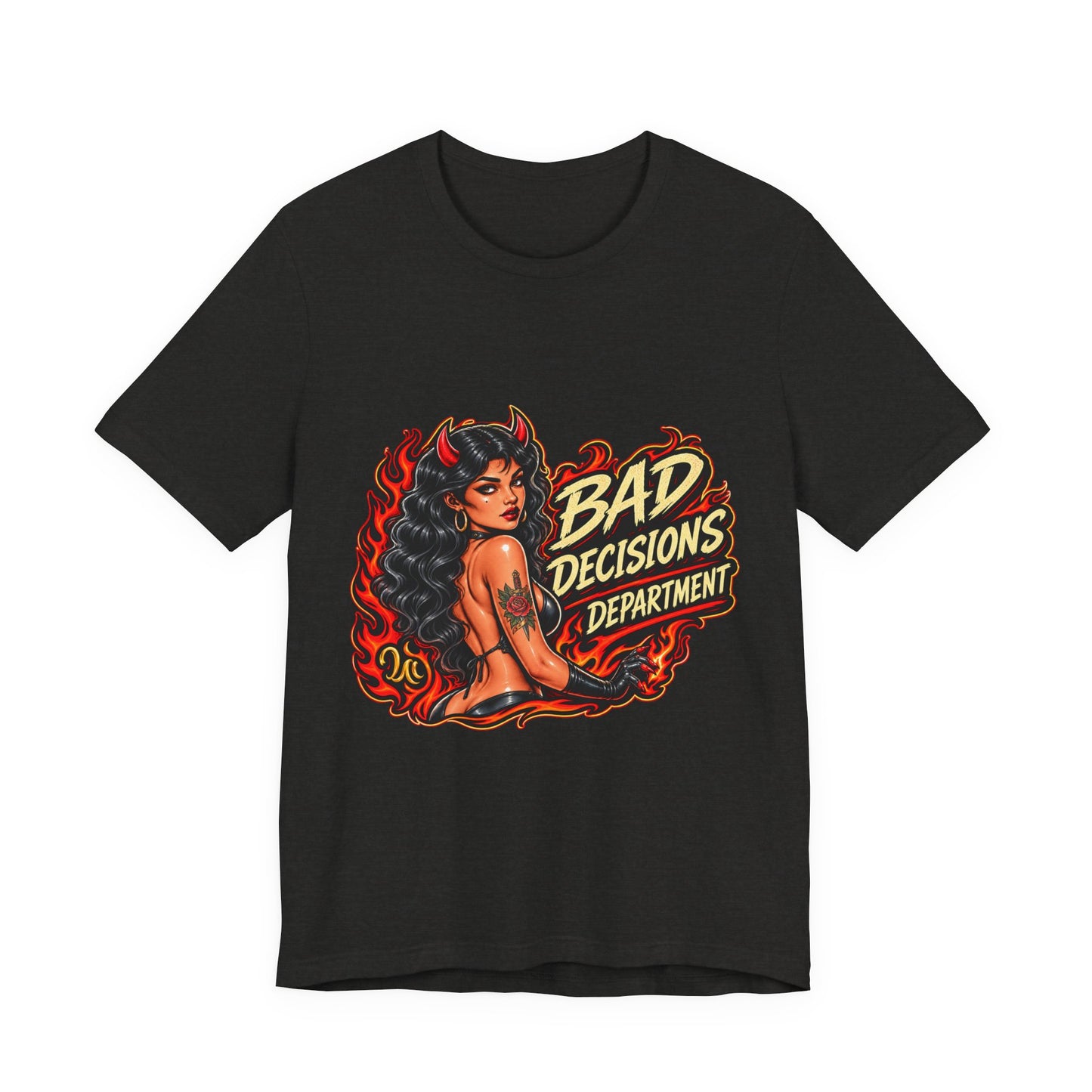Bad Decisions Department Tee — Retro Devil Pinup Graphic Tee