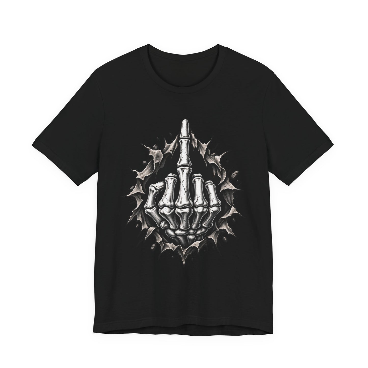 Skull Middle Finger Tee — Gothic Skeleton Hand with Roses Graphic Tee