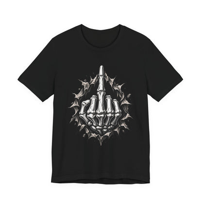 Skull Middle Finger Tee — Gothic Skeleton Hand with Roses Graphic Tee