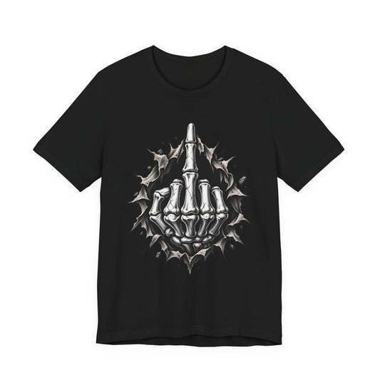 Skull Middle Finger Tee — Gothic Skeleton Hand with Roses Graphic Tee