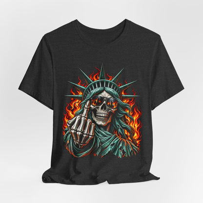 Skull Liberty Tee — Flaming Statue of Liberty Middle Finger Graphic Tee