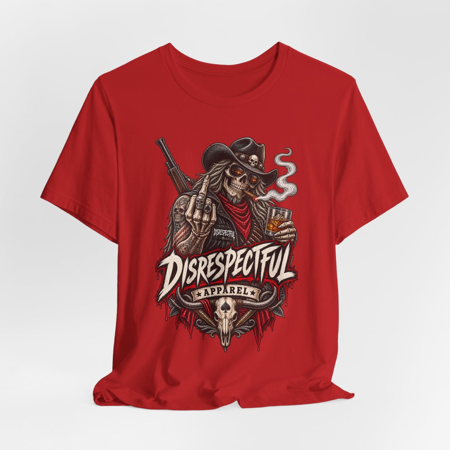 Disrespectful Apparel Cowboy Skeleton Tee – Western Biker Skull Graphic T-Shirt