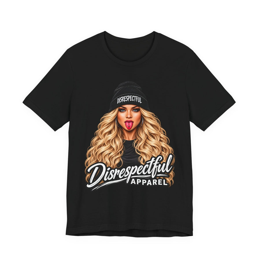 Black unisex tee with Blonde, Loud & Unbothered portrait artwork, front view