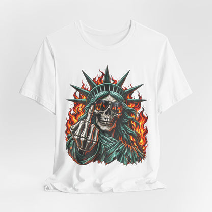 Skull Liberty Tee — Flaming Statue of Liberty Middle Finger Graphic Tee