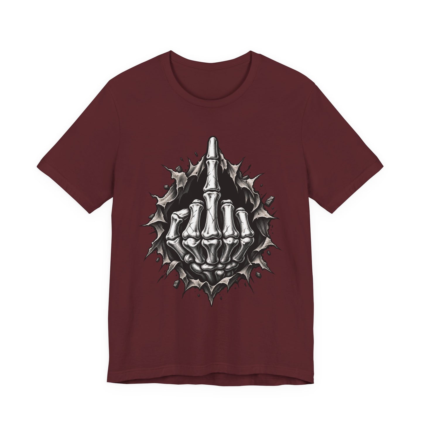 Skull Middle Finger Tee — Gothic Skeleton Hand with Roses Graphic Tee