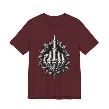 Skull Middle Finger Tee — Gothic Skeleton Hand with Roses Graphic Tee