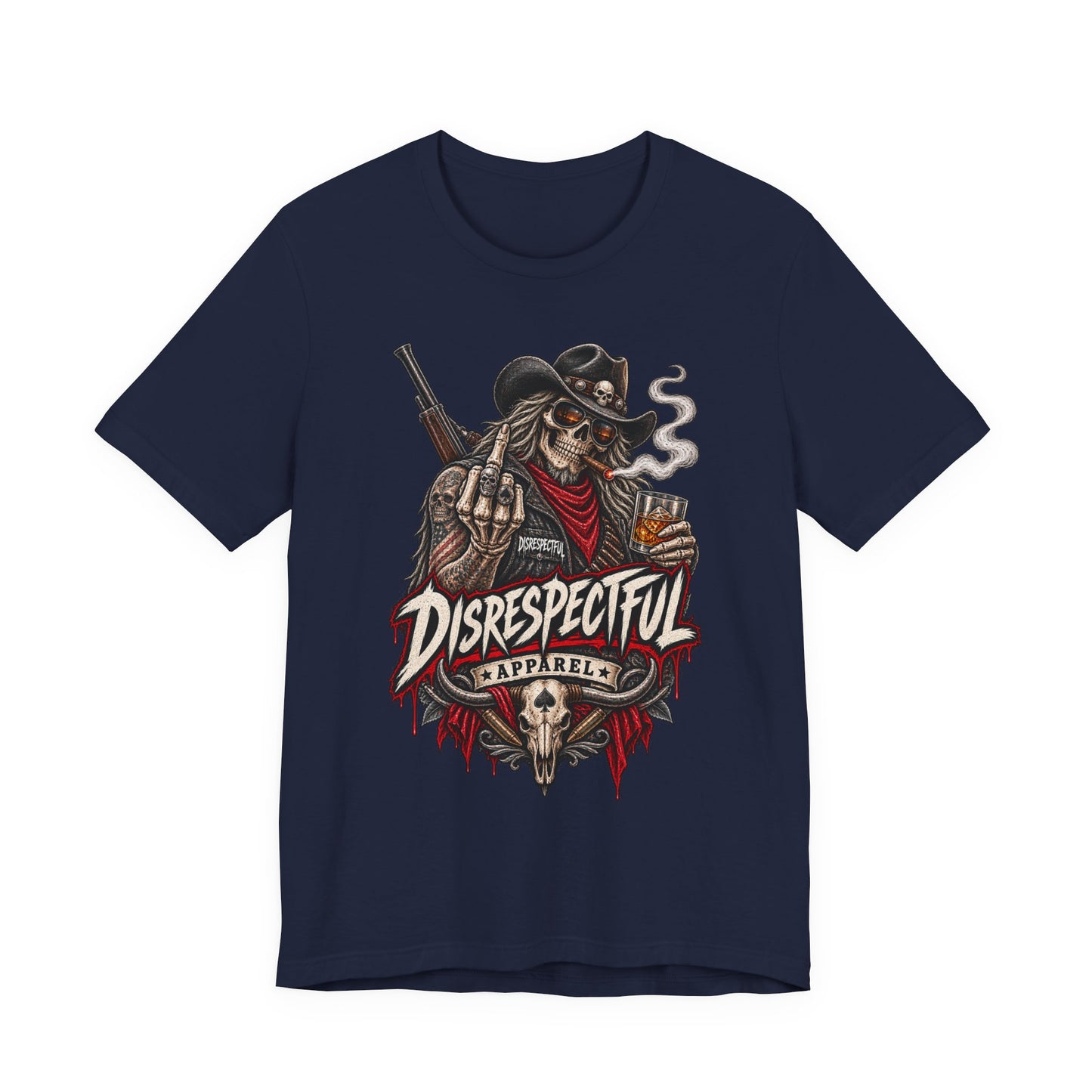 Disrespectful Apparel Cowboy Skeleton Tee – Western Biker Skull Graphic T-Shirt