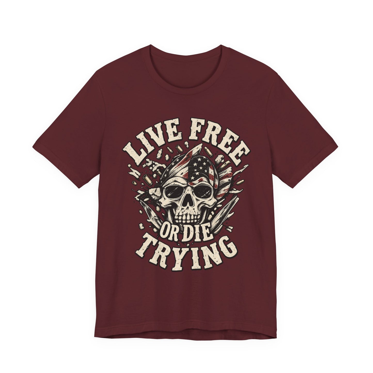Live Free or Die Trying Skull Tee — Patriotic American Flag Graphic T-Shirt