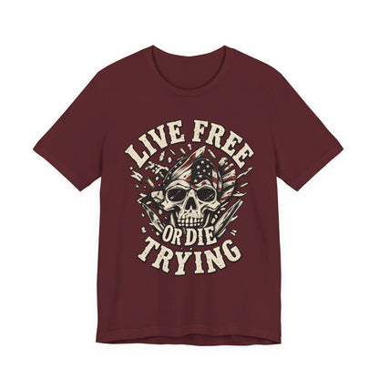 Live Free or Die Trying Skull Tee — Patriotic American Flag Graphic T-Shirt
