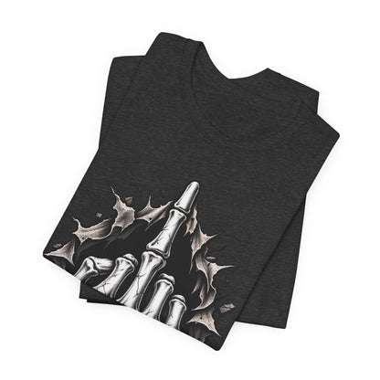 Skull Middle Finger Tee — Gothic Skeleton Hand with Roses Graphic Tee