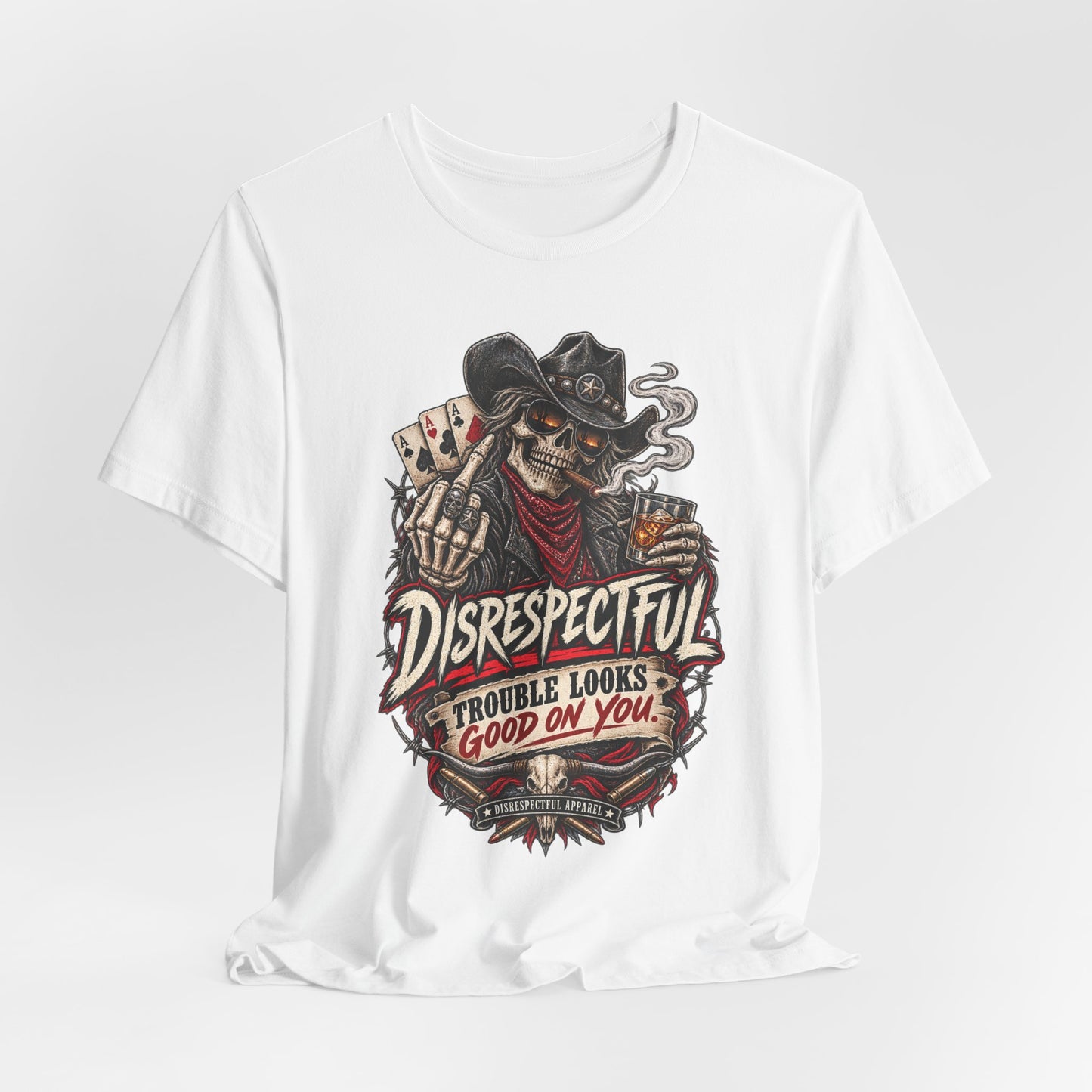 Disrespectful Skull Cowboy Tee — "Trouble Looks Good on You" Graphic T-Shirt