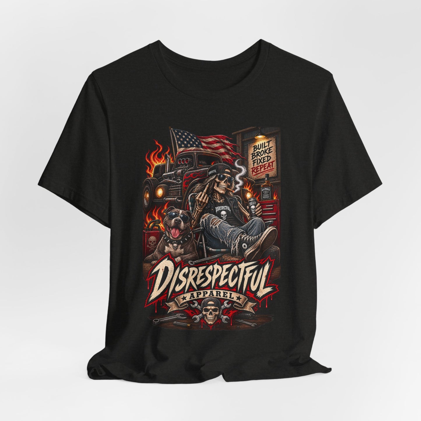Disrespectful Trucker Tee — Retro Biker, American Flag Graphic Tee