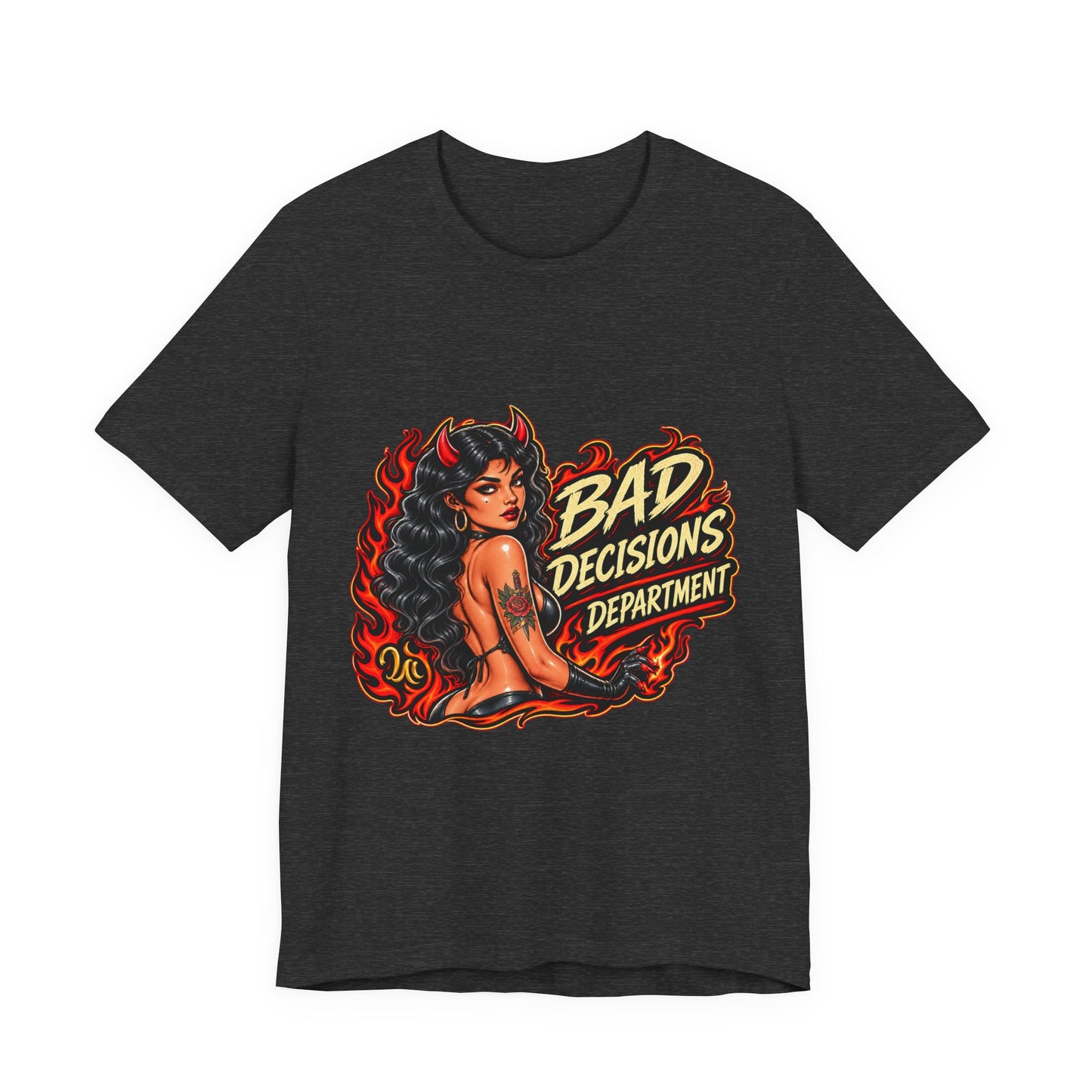 Bad Decisions Department Tee — Retro Devil Pinup Graphic Tee