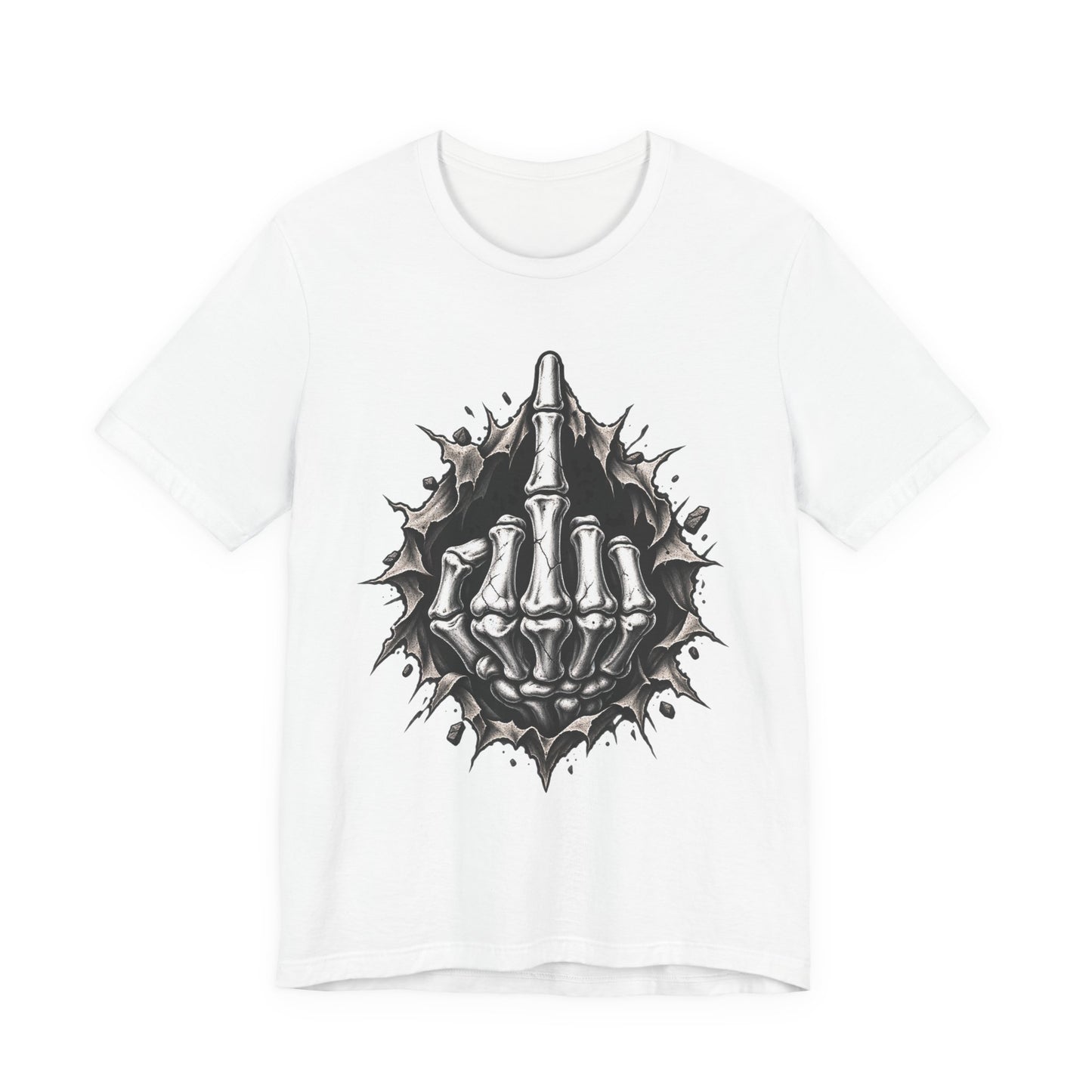 Skull Middle Finger Tee — Gothic Skeleton Hand with Roses Graphic Tee