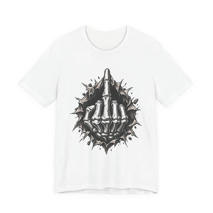 Skull Middle Finger Tee — Gothic Skeleton Hand with Roses Graphic Tee