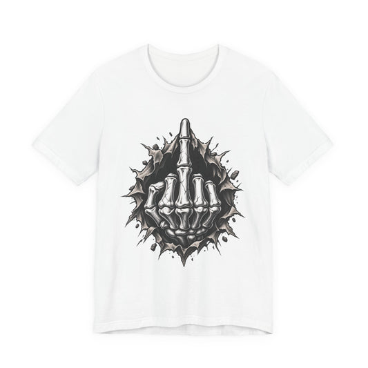 Skull Middle Finger Tee — Gothic Skeleton Hand with Roses Graphic Tee