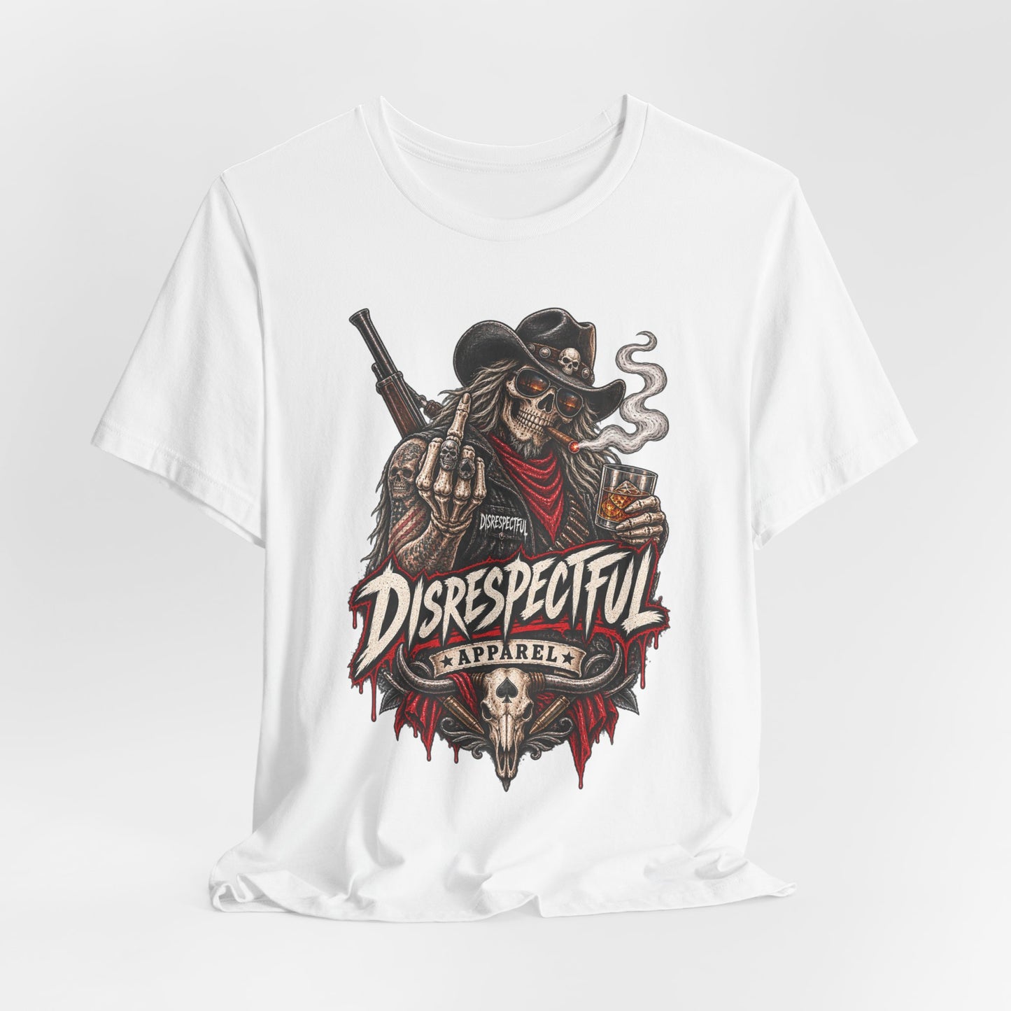 Disrespectful Apparel Cowboy Skeleton Tee – Western Biker Skull Graphic T-Shirt