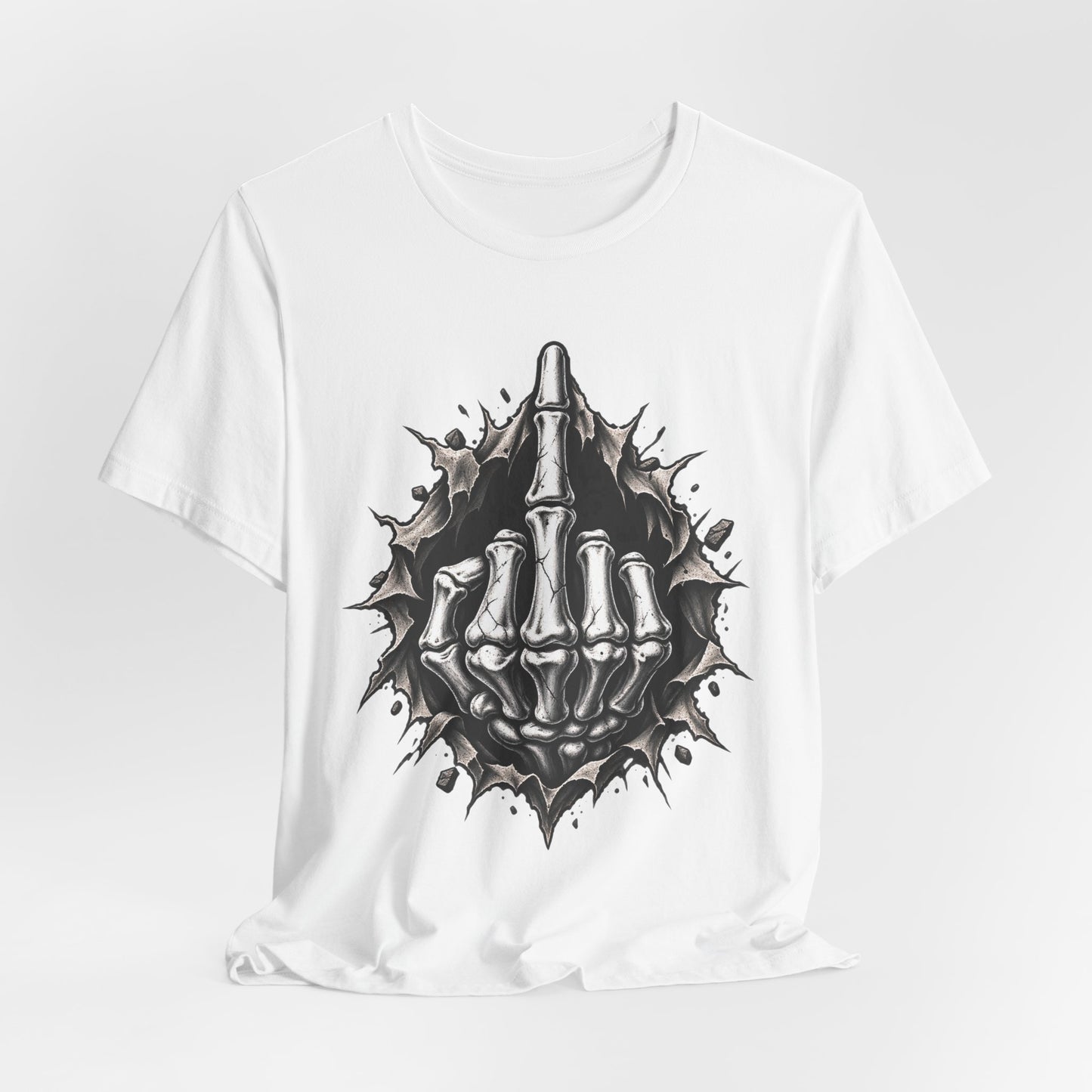 Skull Middle Finger Tee — Gothic Skeleton Hand with Roses Graphic Tee