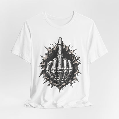 Skull Middle Finger Tee — Gothic Skeleton Hand with Roses Graphic Tee