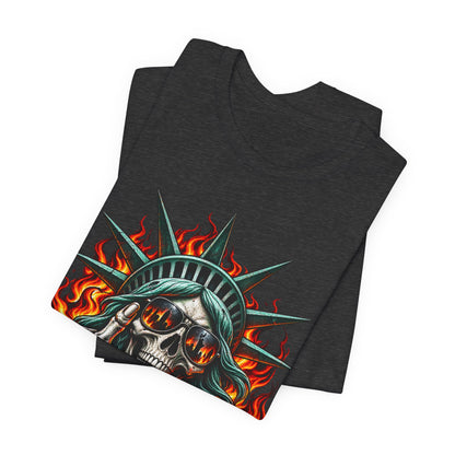 Skull Liberty Tee — Flaming Statue of Liberty Middle Finger Graphic Tee