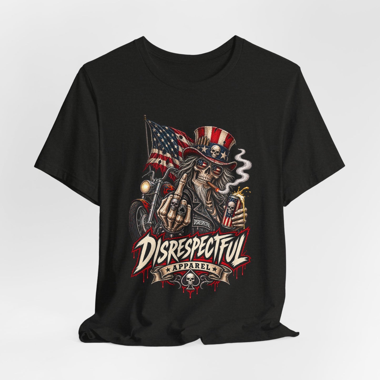 Patriotic Rebel Tee — 'Disrespectful Apparel' Skull & Flag Graphic T-Shirt