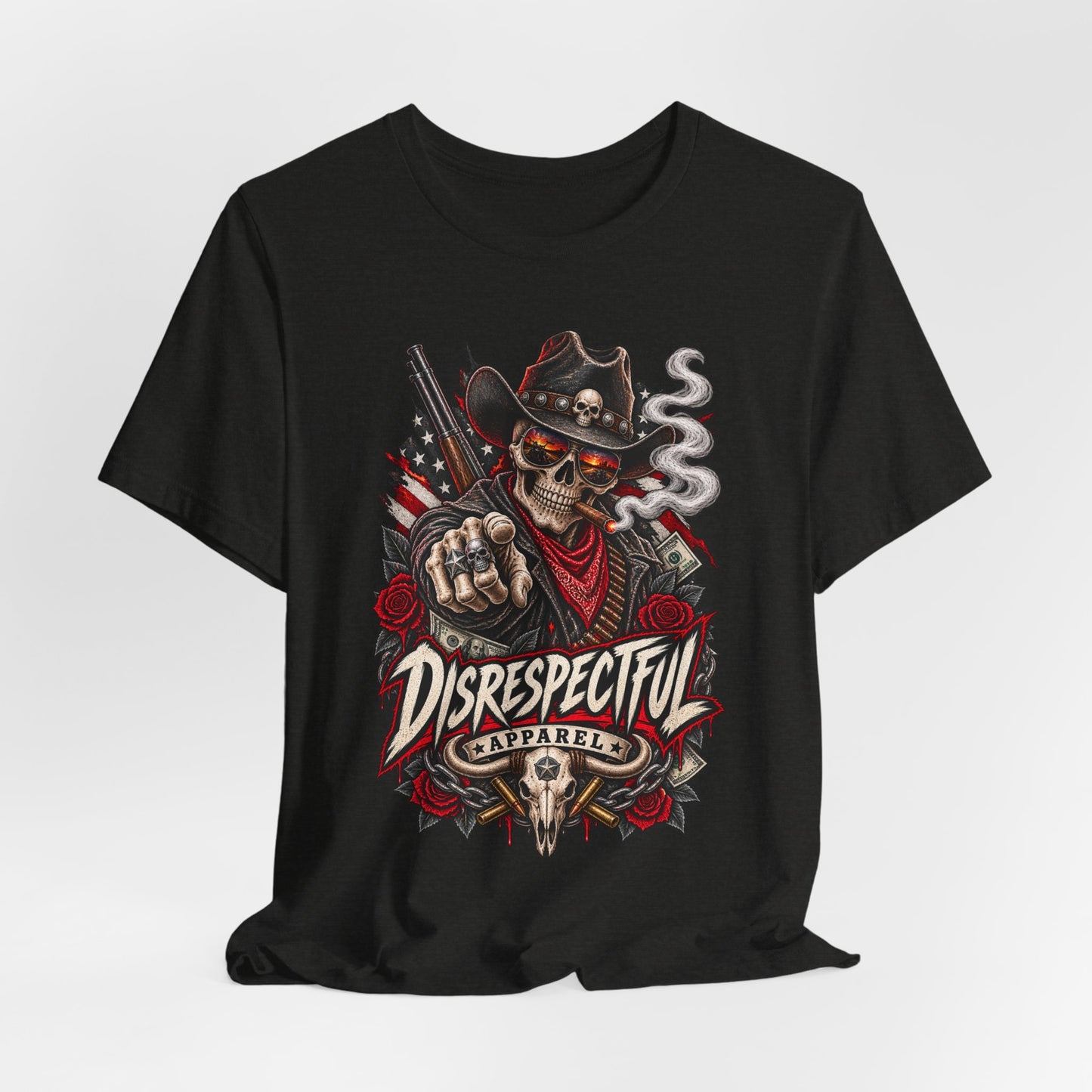 Disrespectful Apparel Skull Cowboy Tee — Edgy Biker / Western Graphic T-Shirt