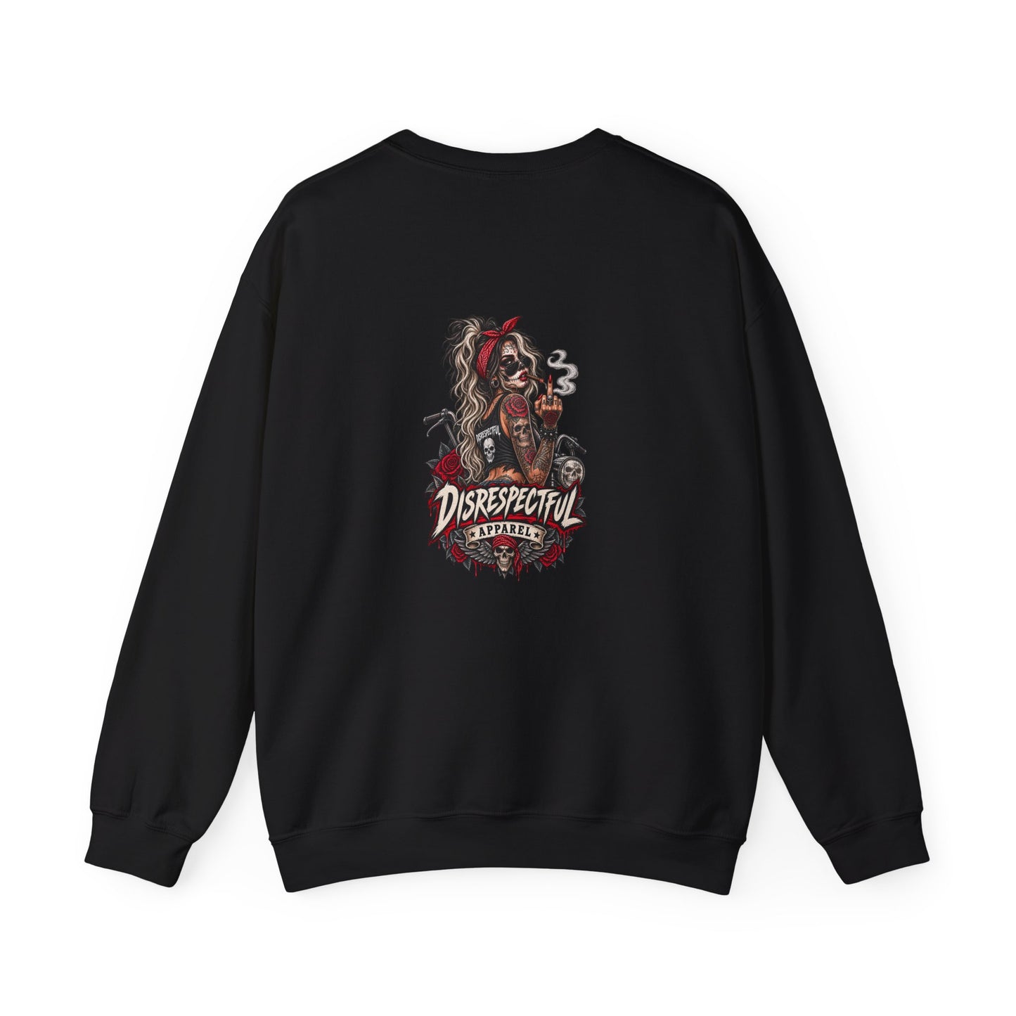 Disrespectful Skull Pin-Up — Back-Print Graphic Crewneck