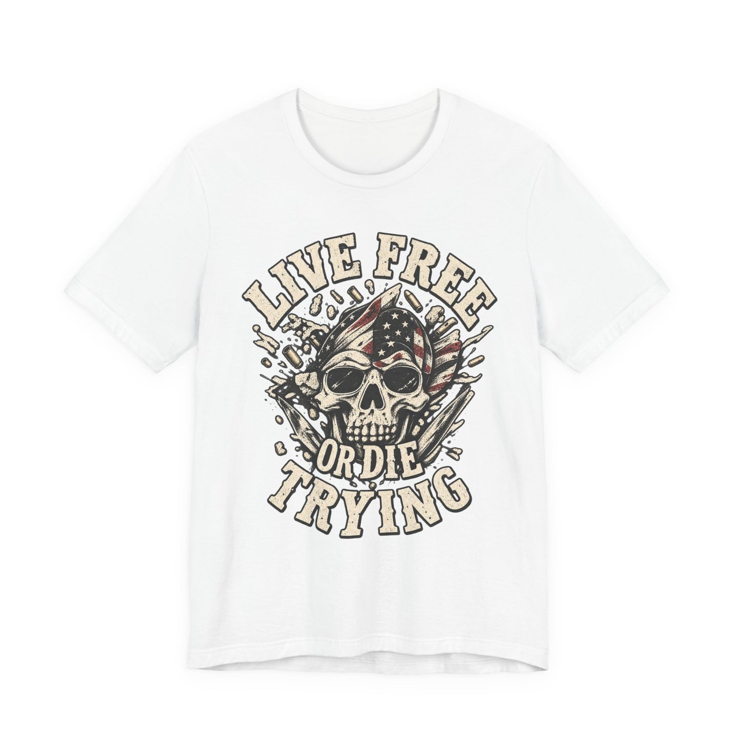 Live Free or Die Trying Skull Tee — Patriotic American Flag Graphic T-Shirt