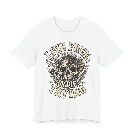 Live Free or Die Trying Skull Tee — Patriotic American Flag Graphic T-Shirt