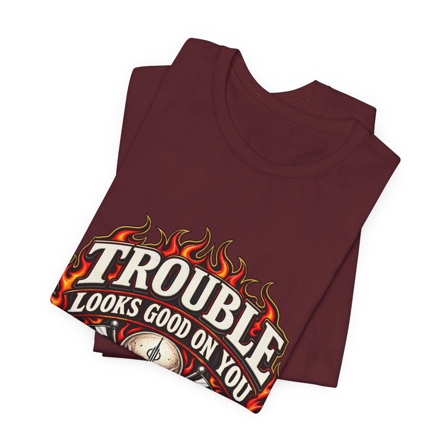 Trouble Looks Good On You Tee — Skull, Flames & Racing Flag Graphic Tee
