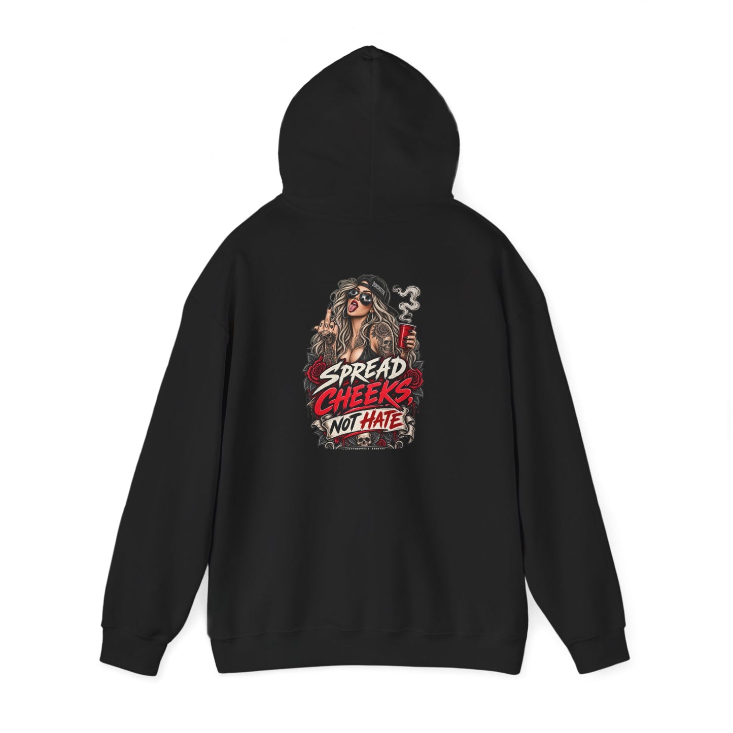Spread Cheeks, Not Hate — Tattoo Edition — Back-Print Graphic Hoodie